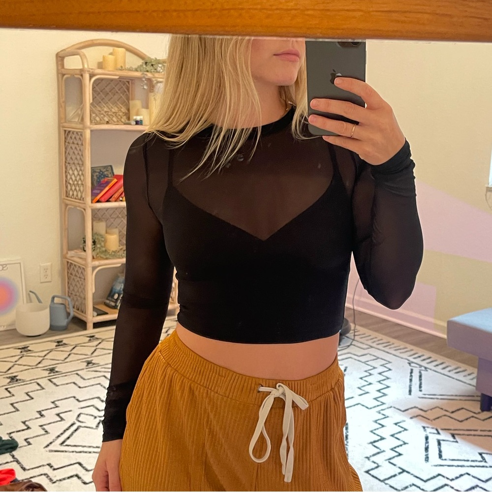 Black Sheer Long Sleeve Crop Top with black cropped cami underneath
